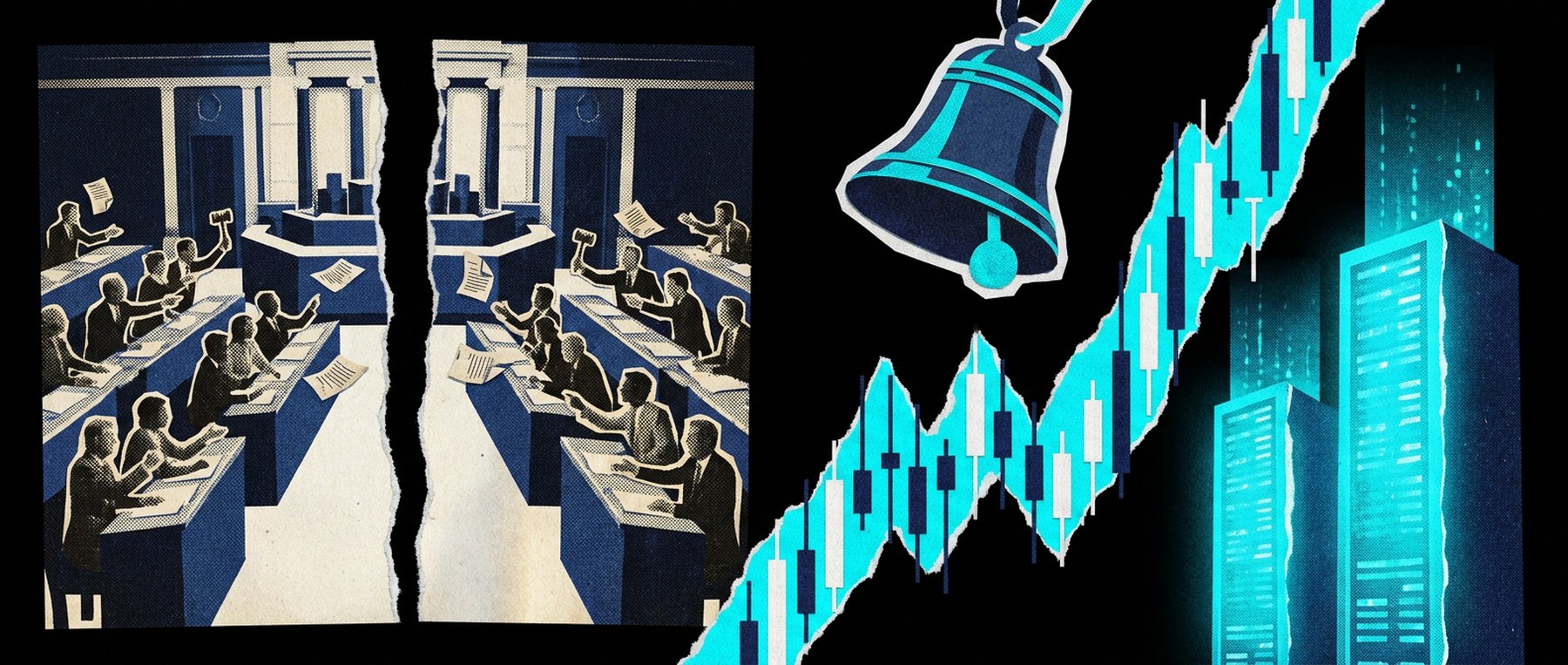 Ilustración conceptual: un recinto legislativo partido al medio y, del otro lado, la campana de apertura, un gráfico de velas trepando y data centers
