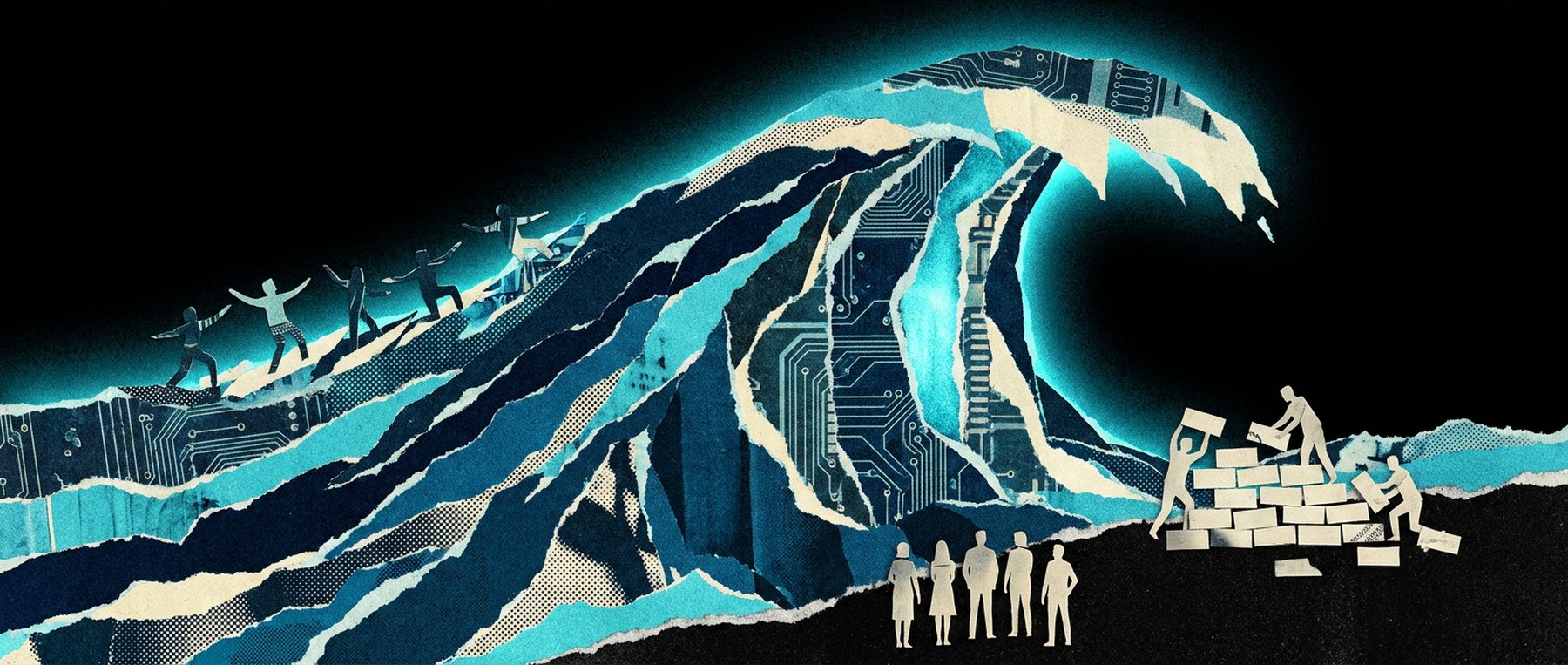 Ilustración conceptual: una ola de circuitos, unos la surfean, otros levantan un muro y otros miran parados