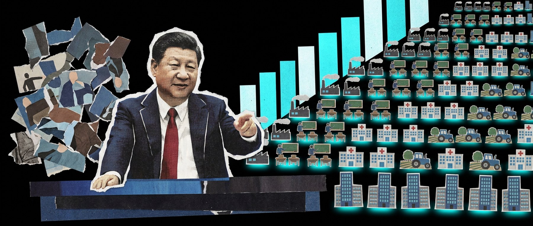 Ilustración conceptual: el plan IA+ de China, con una grilla de fábricas, escuelas y hospitales que se llena y barras que suben año a año