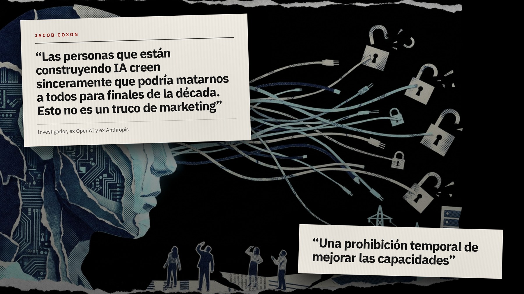 Collage: una cabeza de circuitos con cables que abren candados, con dos recortes de titular con frases de Jacob Coxon