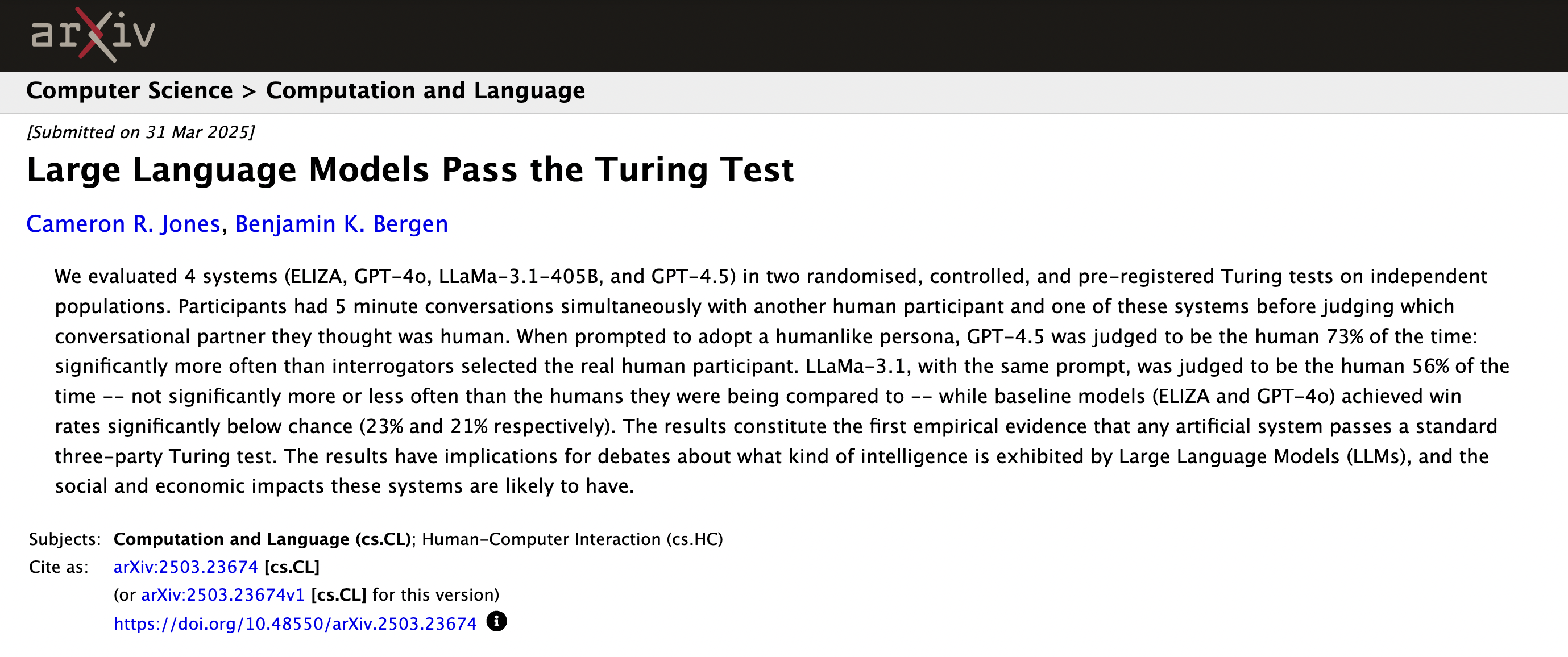 GPT-4.5 supera la prueba de Turing: confundido con un humano el 73% de las veces