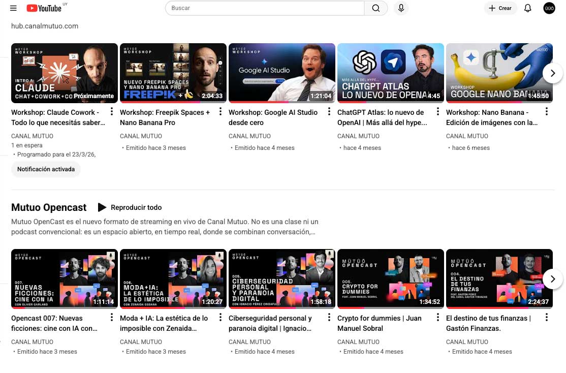 Canal Mutuo en YouTube: workshops, masterclasses y Mutuo Opencast