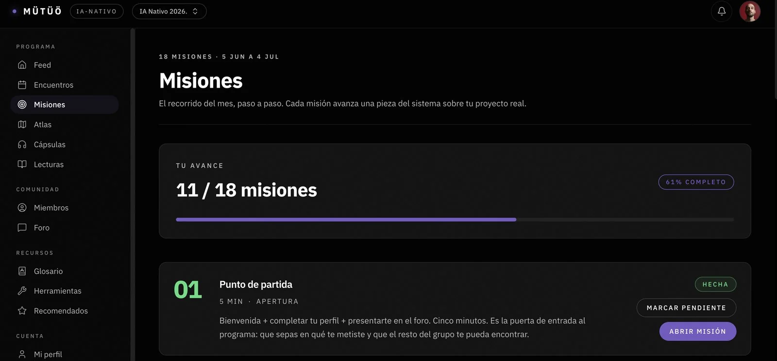 Pantalla de misiones de la plataforma IA Nativo