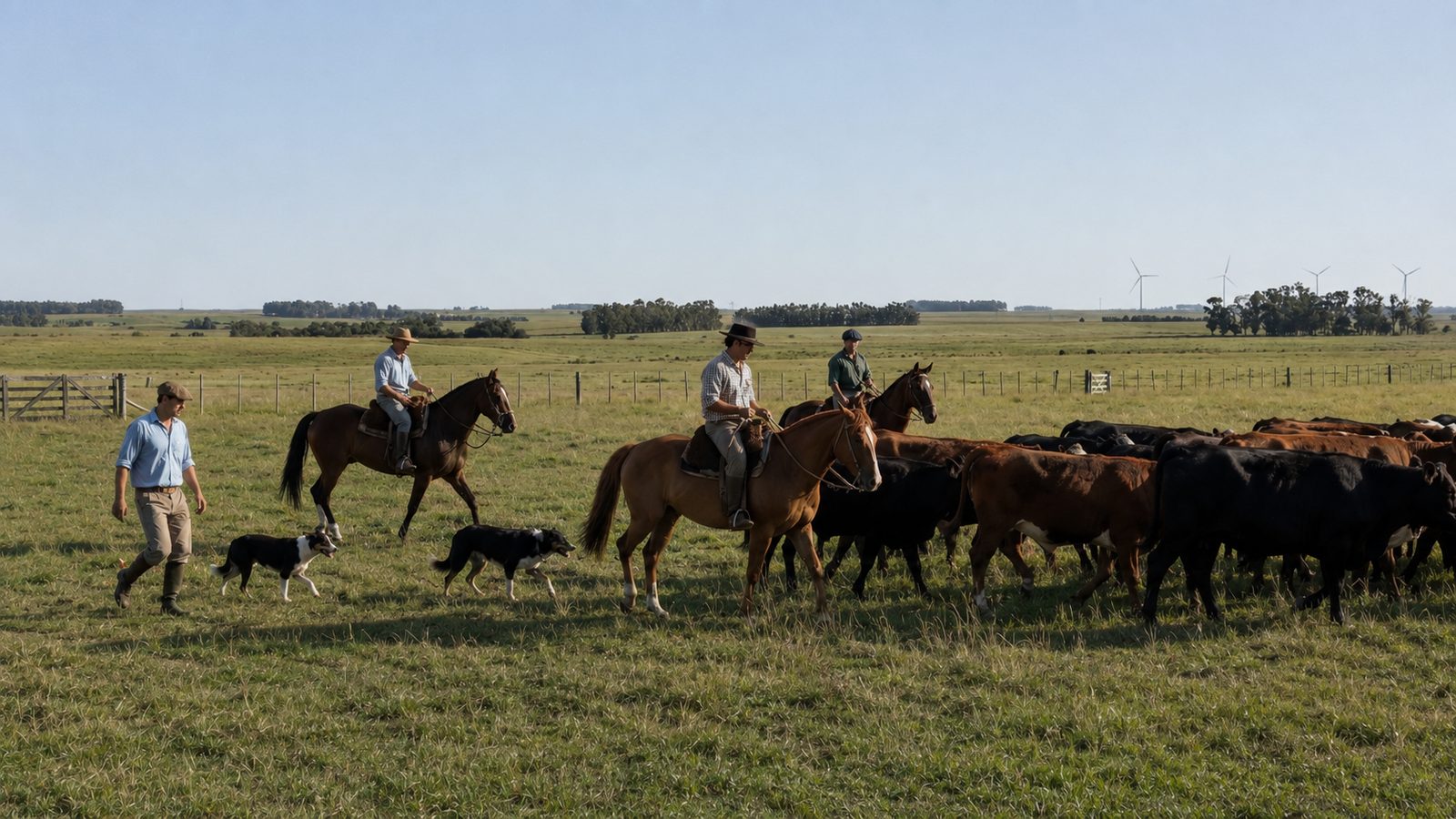 Día de la Carne - gauchos arreando ganado a caballo en la pradera uruguaya