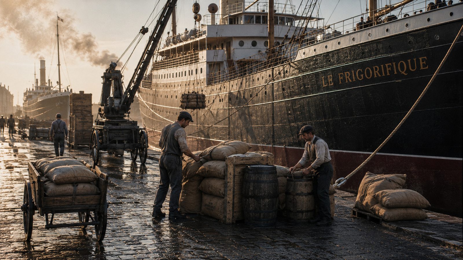 Día de la Carne - estibadores cargando el barco Le Frigorifique en el puerto