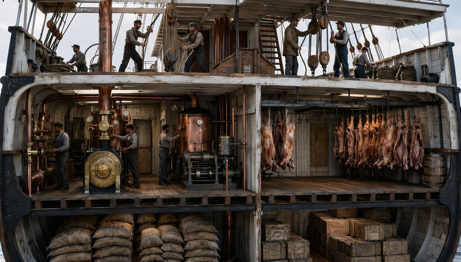 Día de la Carne - corte del barco frigorífico con su carga de carne