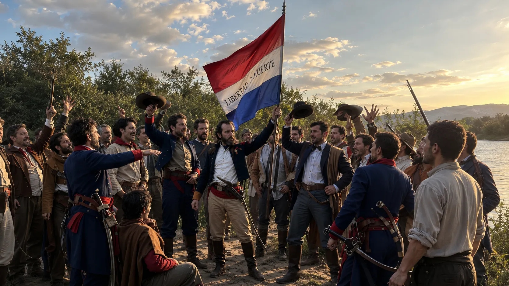 Desembarco de los 33 Orientales — recreación con IA para el Bicentenario