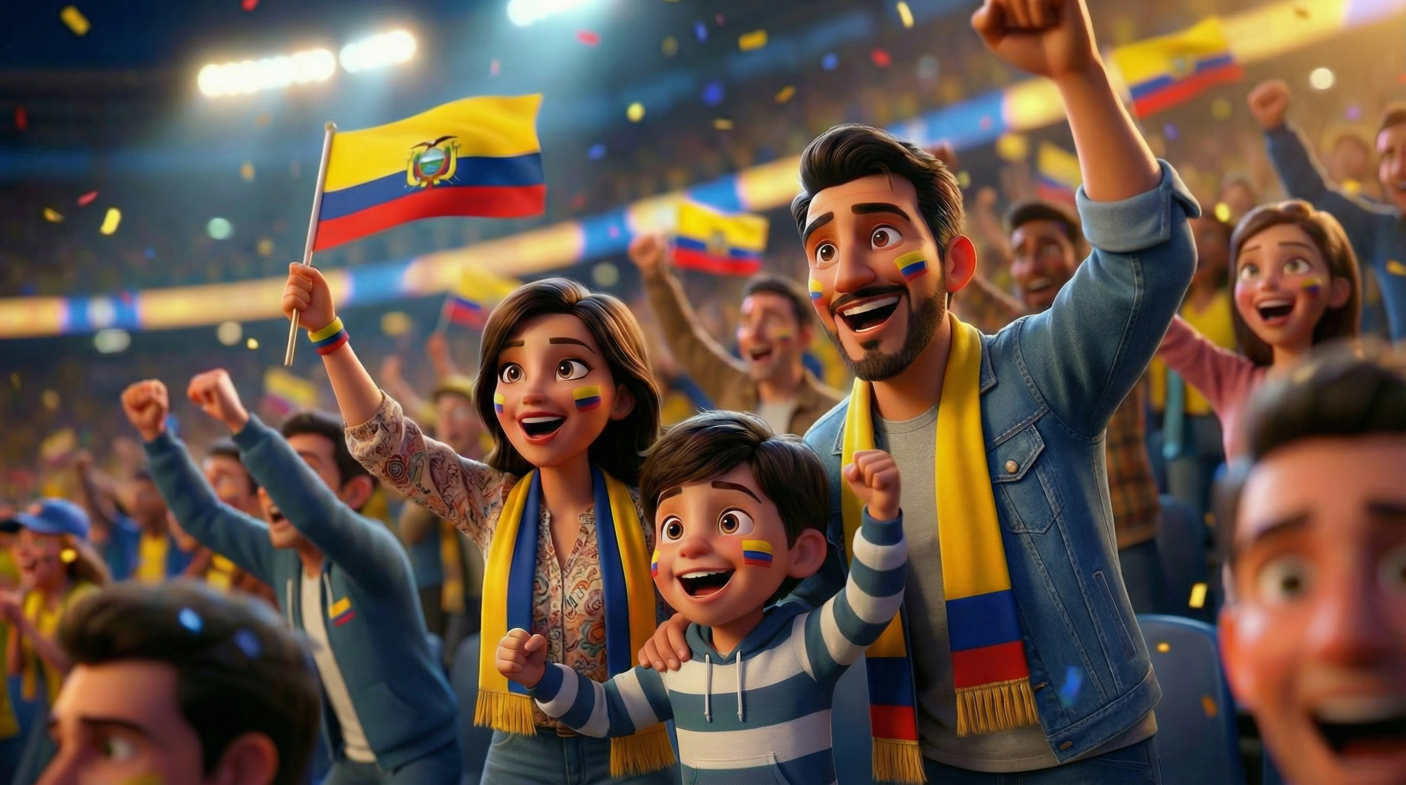 Familia ecuatoriana celebrando - 3D animado